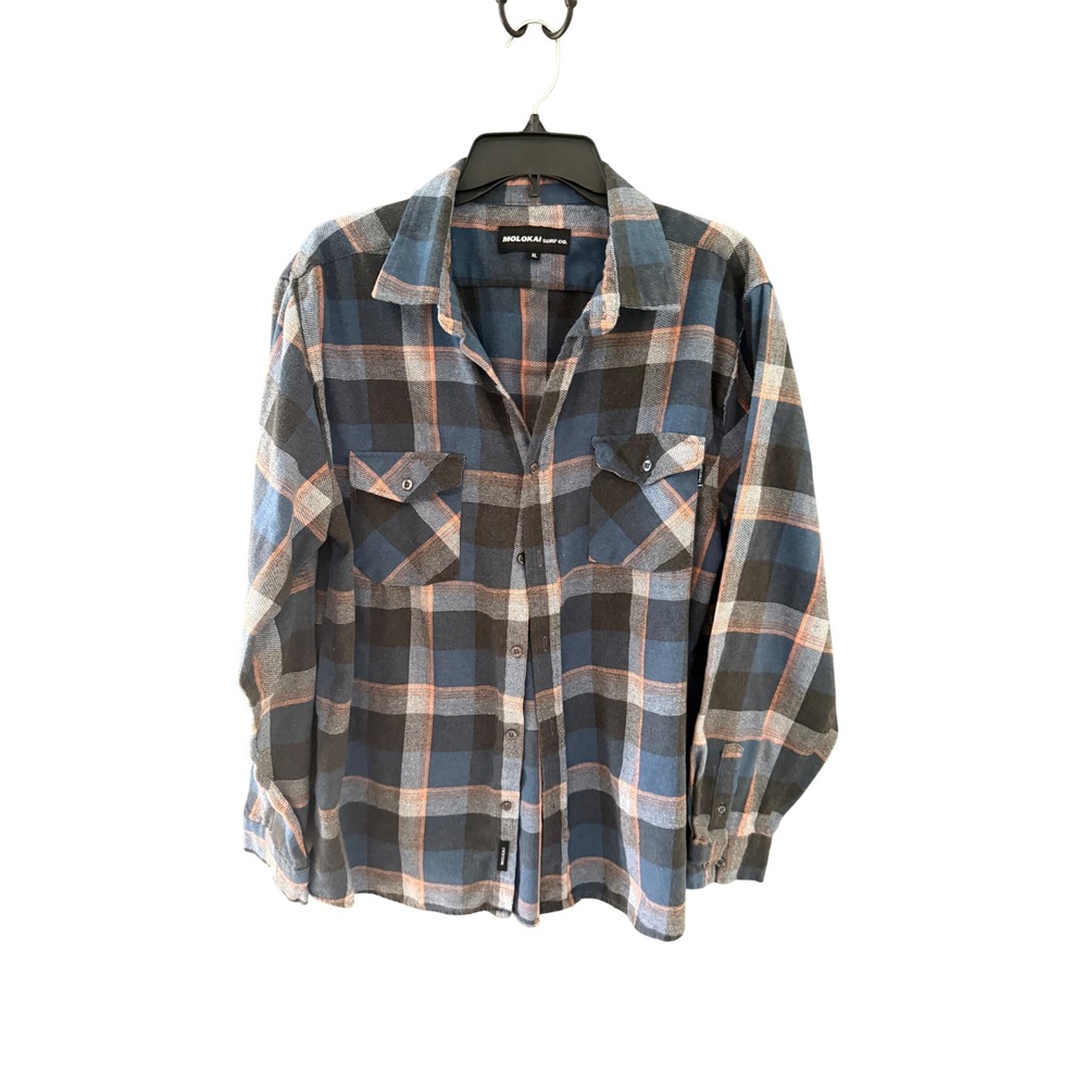 Molokai Surf Co Mens XL Blue Plaid Flannel Button Down Shirt Long Sleeve Outdoor